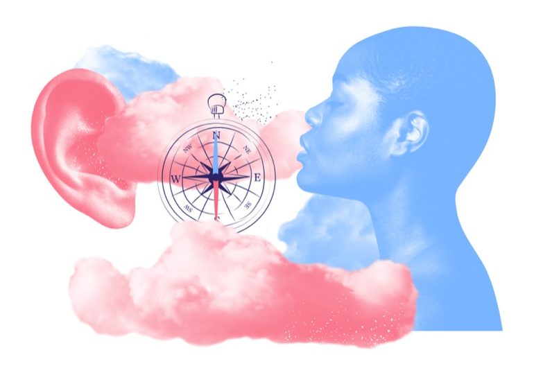 Brand-Illustration: Profil mit Kompass, Ohr und Wolken – psychologische Gesprächsführung und Zuhören