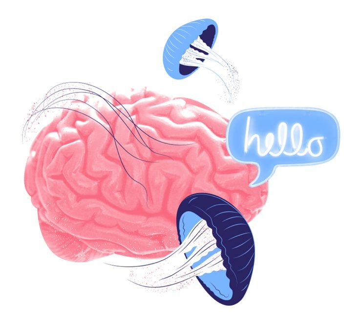 Brand-Illustration: Rosafarbenes Gehirn mit blauen Quallen und einer Hello-Sprechblase – Psychologie im Arbeitsalltag